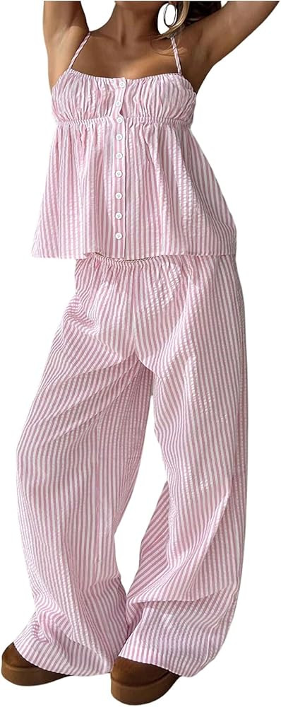 Floerns Women's 2 Piece Outfit Y2k Striped Button Down Ruffle Camisole and Pants Sets | Amazon (US)