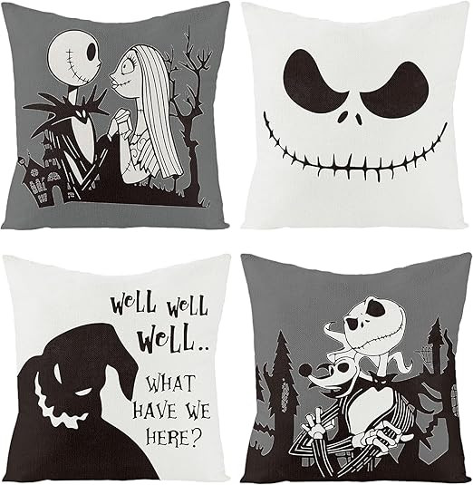 4Pcs Halloween Jack and Sally Christmas Pillow Covers 18x18 Inch Horror Cartoon Skull Throw Pillo... | Amazon (US)