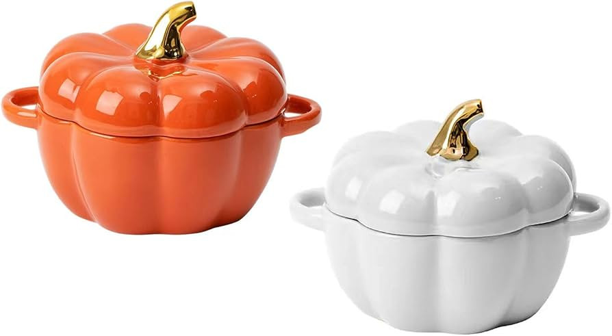 Pumpkin Bowl Set with Lid and Handle, Set of 2 Ceramic Ramekins for Baking, Casserole Dish Indivi... | Amazon (US)