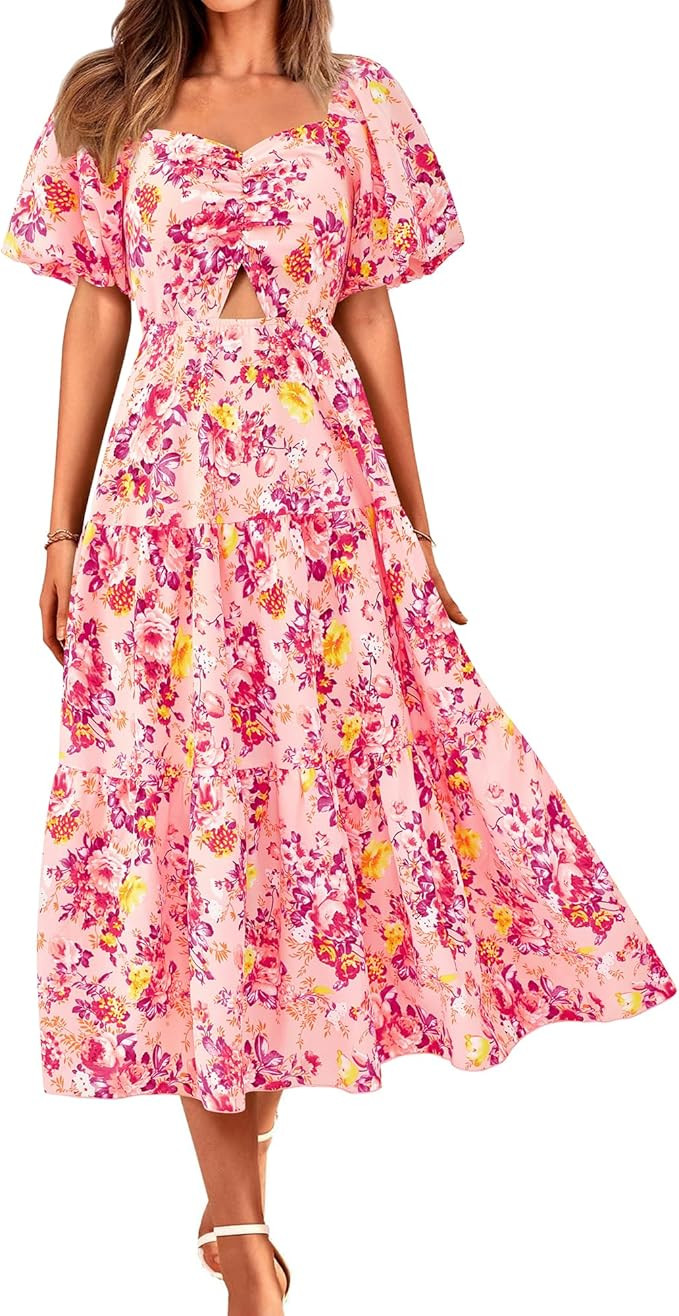 BTFBM Summer Dresses for Women 2026 Spring Outfits Beach Vacation Short Sleeve Smocked Boho Casua... | Amazon (US)