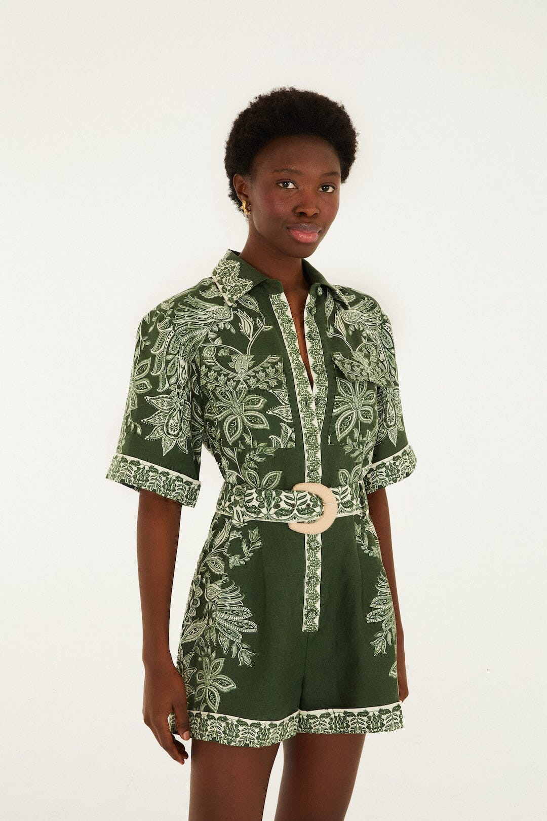 Dark Green Miranda Belted Romper | FARM Rio | FarmRio (US)