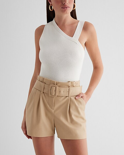 Super High Waisted Faux Leather Belted Paperbag Shorts | Express