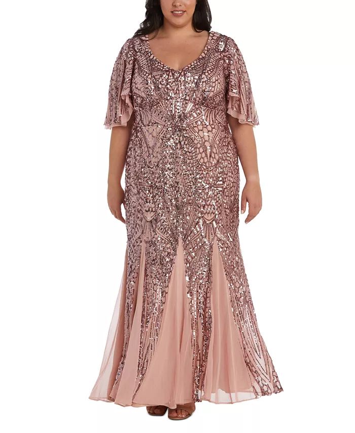 Nightway Plus Size Sequin Flutter-Sleeve Godet Gown | Macy's