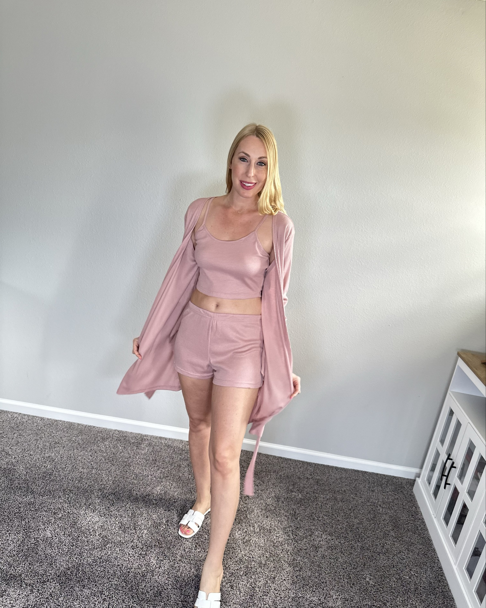 3 piece home lounge set
💖 waffle knit stretchy material
💖 crop top, mini shorts and a robe 
💖 wearing size small, 5’10"

#LTKFindsUnder50 #LTKStyleTip #LTKHome