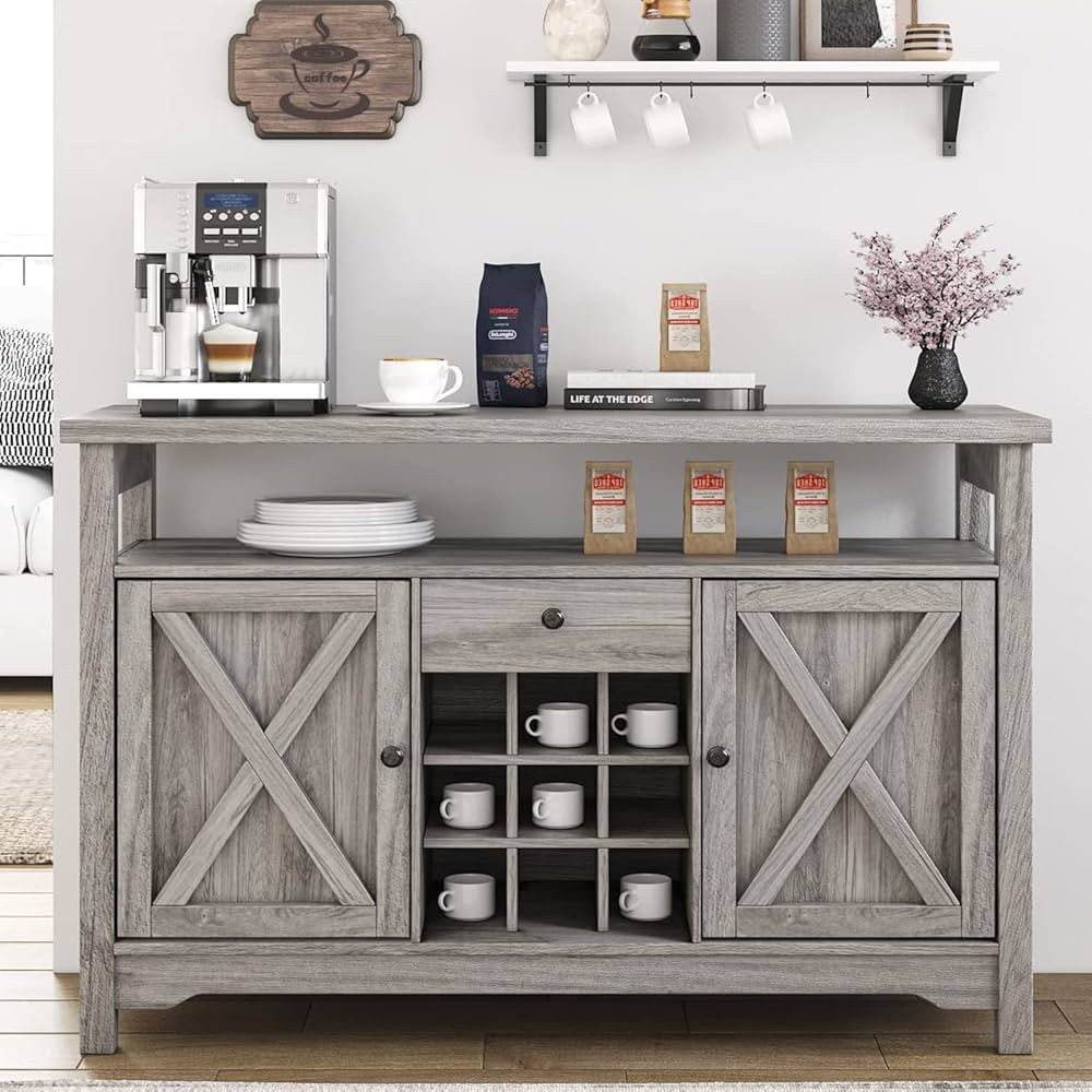 4ever2buy Coffee Bar Cabinet with Storage, Farmhouse Coffee Bar with 9 Wine Racks Barn Door, Gray... | Amazon (US)