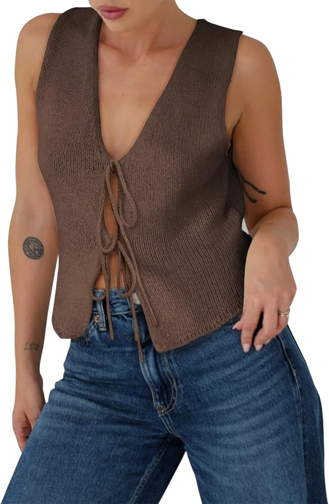 Yousify Womens Sweater Vests Tie Front Knit Vest Summer Ribbed Tank Tops Y2k Cute Vests Fashion C... | Amazon (US)
