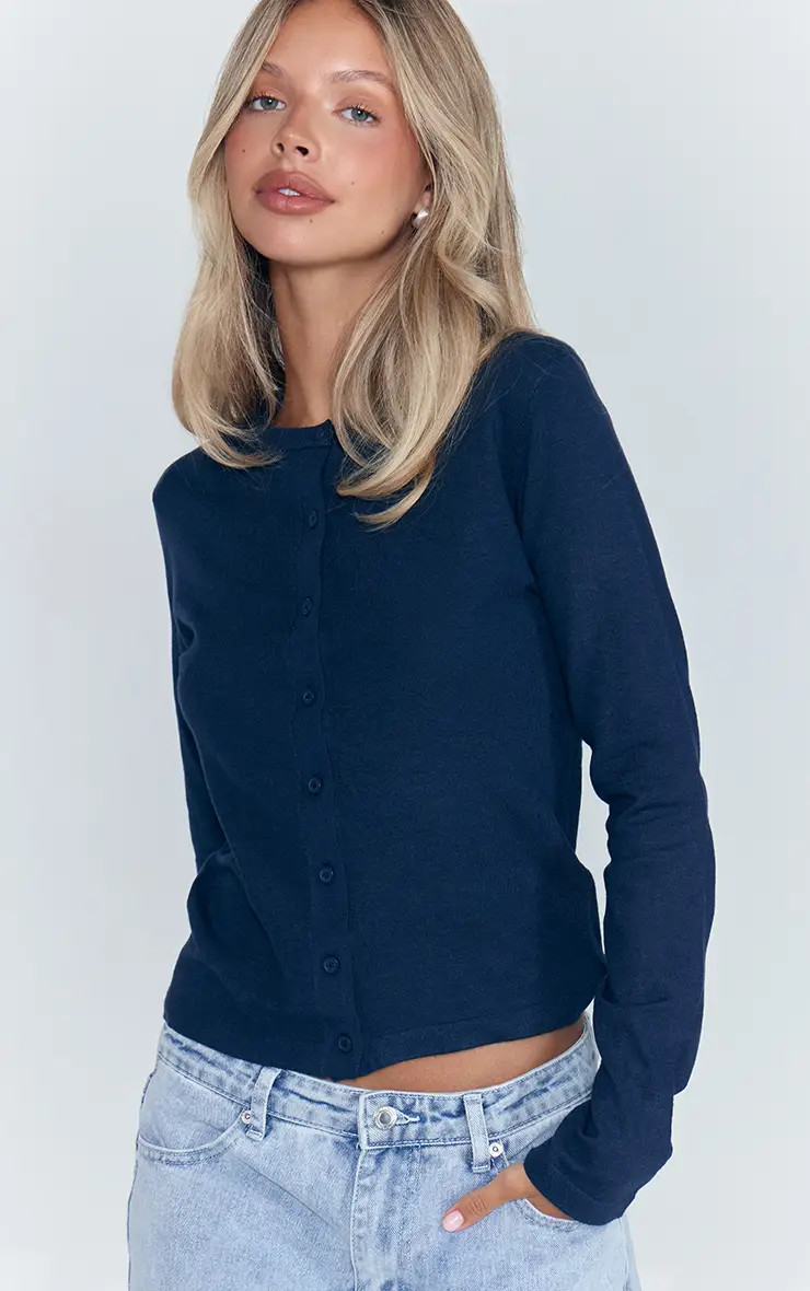 Navy Fine Knit Round Neck Cardigan | PrettyLittleThing UK