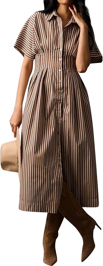 Women's Striped Button Front Pleated Maxi Shirts Dress Short Sleeve Collar V Neck Summer Casual C... | Amazon (US)