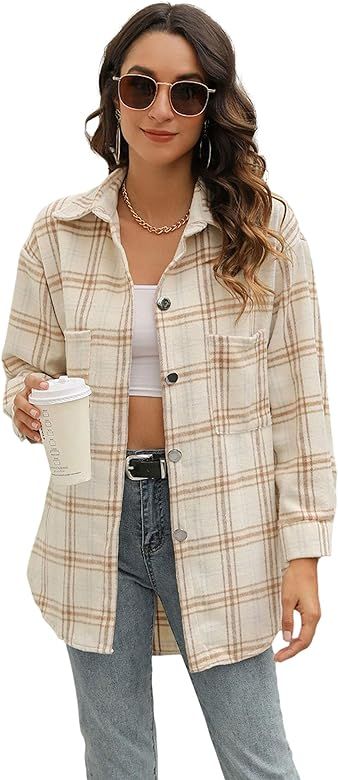 Himosyber Womens Casual Button Down Plaid Lapel Wool Blend Shacket Blouse Shirt Coat | Amazon (US)