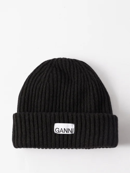 Ganni - Logo-patch Wool-blend Beanie Hat - Womens - Black | Matches (UK)