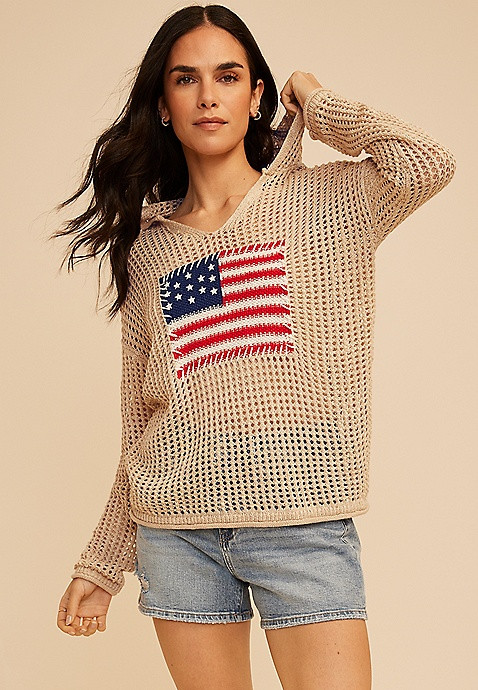 Americana Flag Open Stitch Hooded Pullover | Maurices
