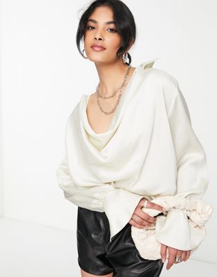 ASOS DESIGN cowl neck long sleeve blouse with collar in cream | ASOS (Global)