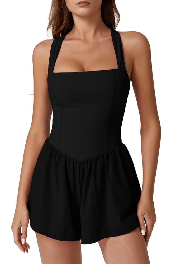 QINSEN Women's Square Neck Sleeveless Romper Jumpsuit Casual Summer One Piece Outfit with Pocket | Amazon (US)