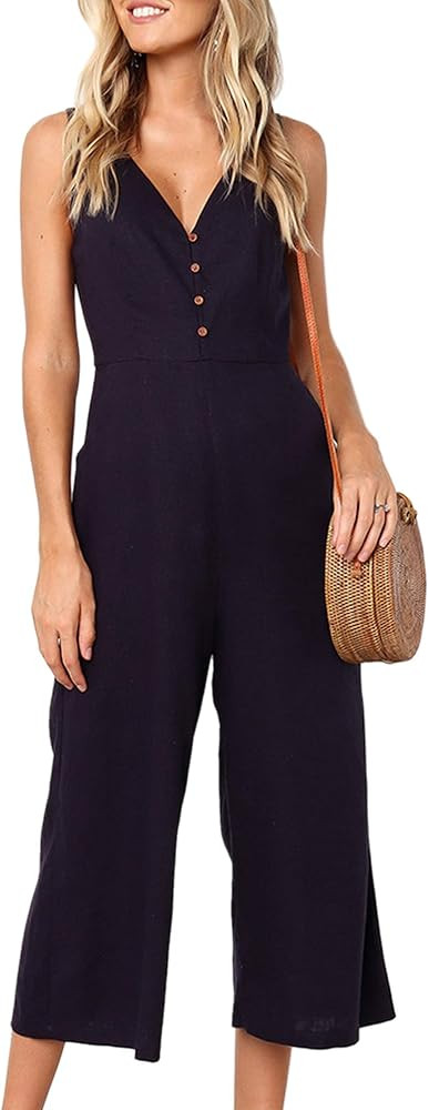 ECOWISH Womens Jumpsuits Casual Button Deep V Neck Sleeveless High Waist Wide Leg Jumpsuit Romper... | Amazon (US)