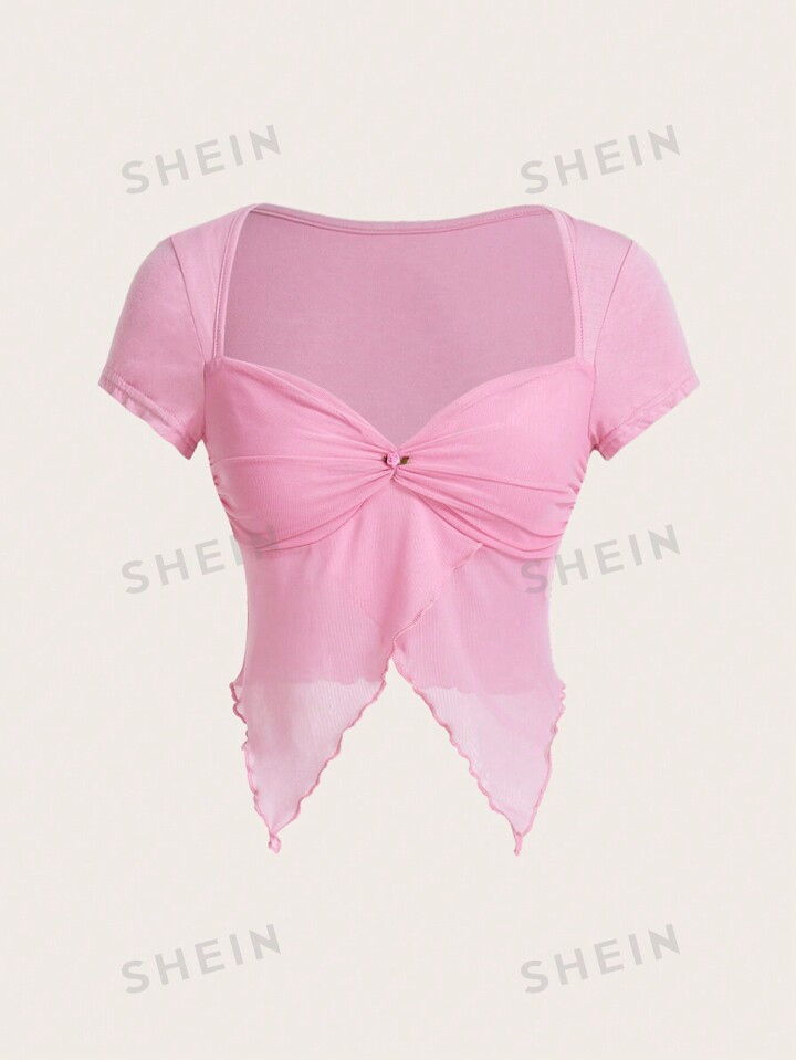 SHEIN Sweetina Y2k Summer Spring Outfits Square Neckline Ruched Chest Irregular Hem Slim Fit Shor... | SHEIN