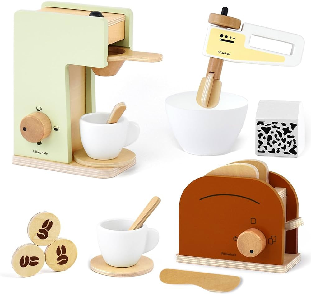 Pillowhale Kids Coffee Maker Playset,Wooden Toy Toaster,Toy Mixer,3-in-1 Kids Kitchen Playset,Pre... | Amazon (US)