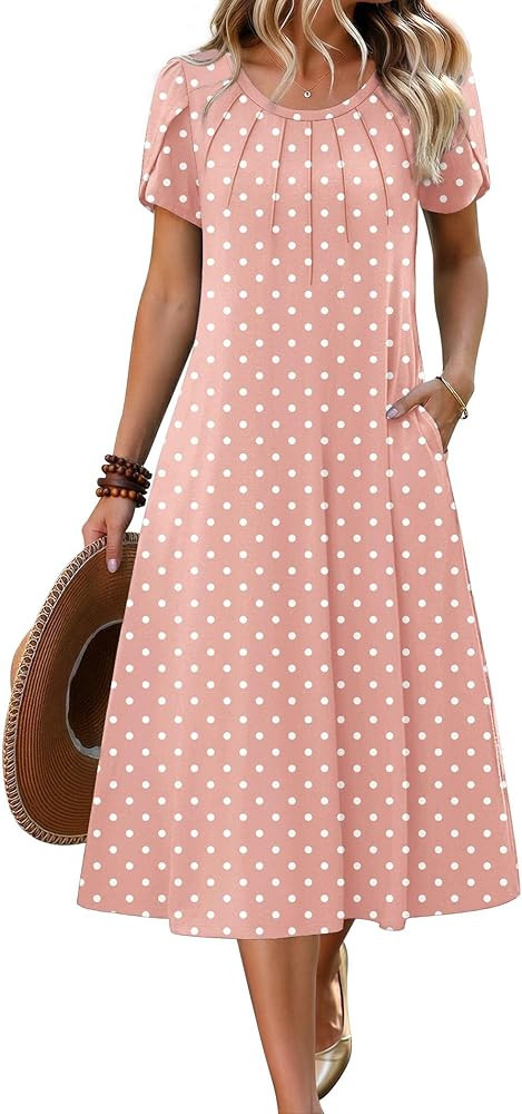 Zeagoo Womens Casual Summer Dress 2026 Petal Short Sleeve Dresses with Pleats Midi A Line Flowy D... | Amazon (US)