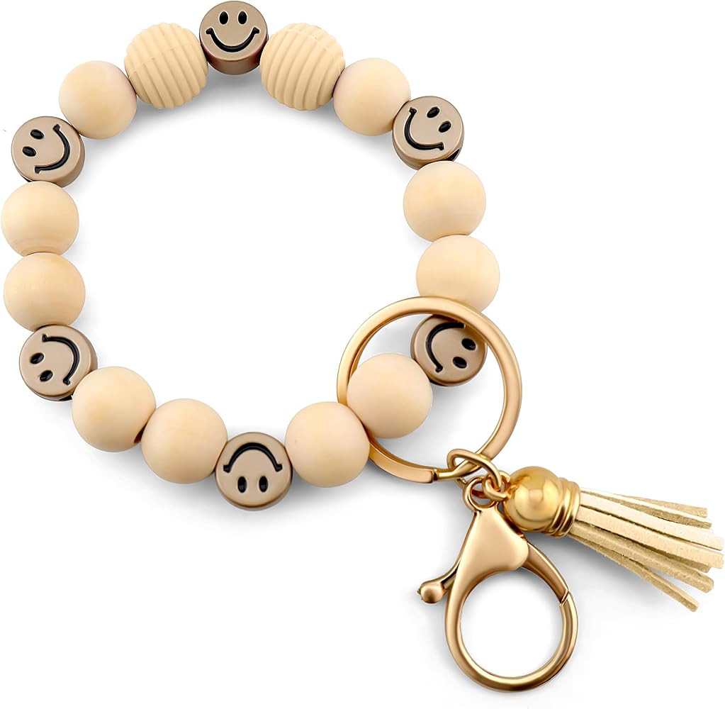 Tassel Smile Key Chain Bracelet for Women Wooden Happy Faces Beaded Key Chain Wristlet Keychain f... | Amazon (US)