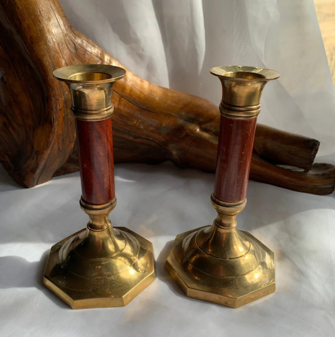 Vintage Brass and Wood Candlestick Holders Set of 2 - Etsy | Etsy (US)