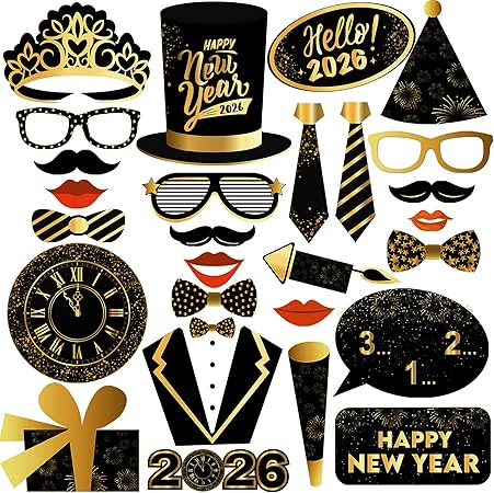 KatchOn, New Years Photo Booth Props 2026 - Pack of 27 | Black and Gold New Years Eve Photo Booth... | Amazon (US)