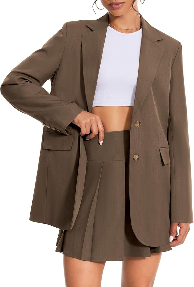 Women's 2 Piece Blazer Short Sets Business Casual Suit Jackets and Mini Pleated Skirts Matching O... | Amazon (US)