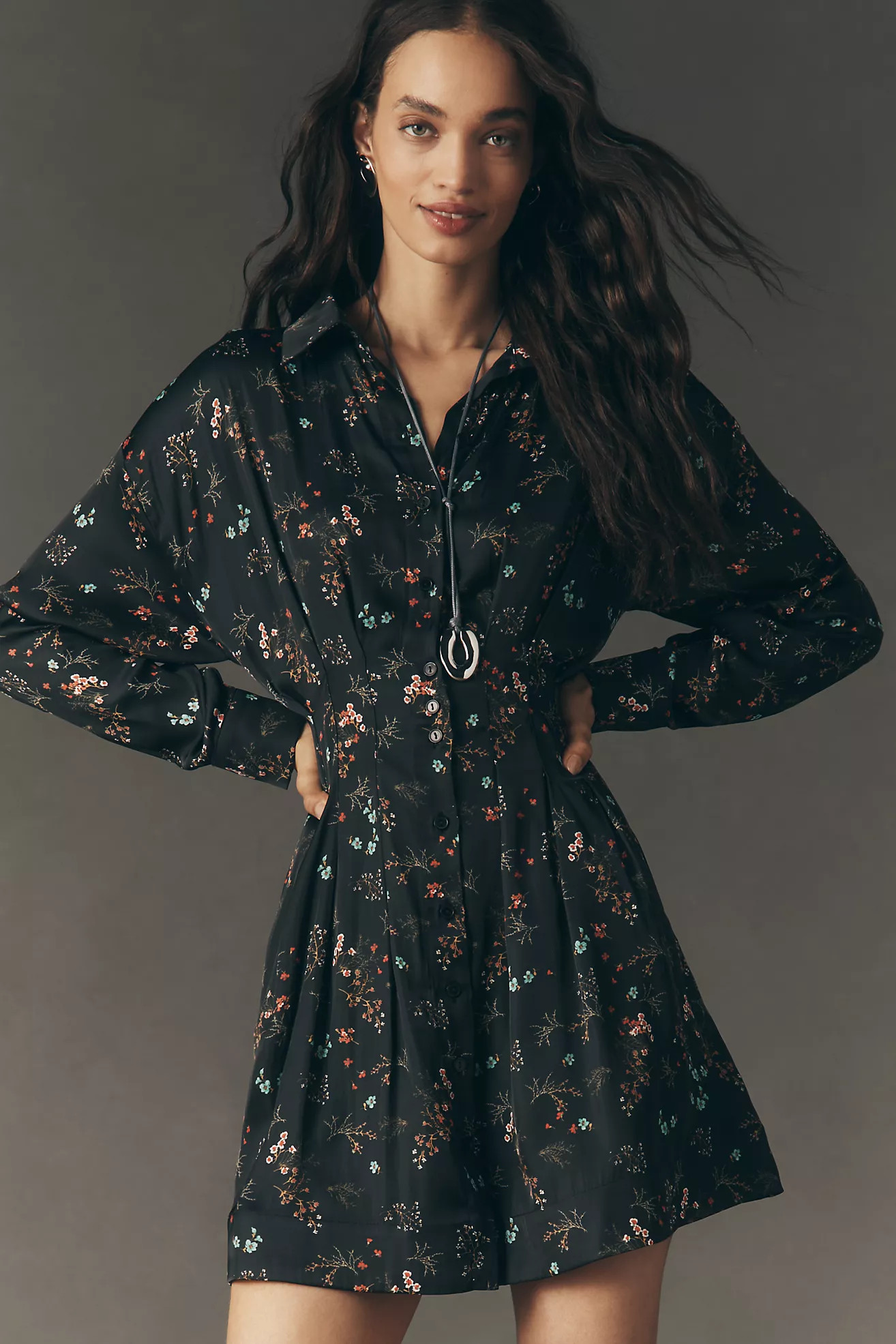 The Tobie Long-Sleeve Satin Mini Shirt Dress by Exquise | Anthropologie (US)