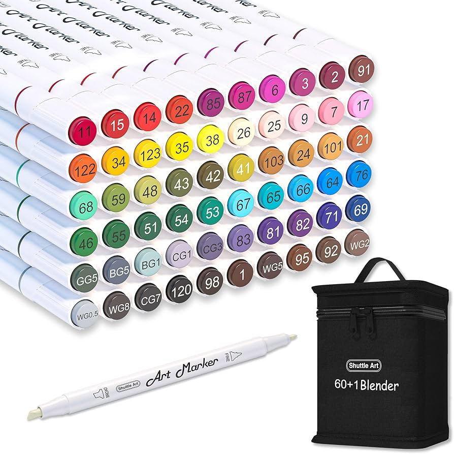 Shuttle Art 61 Colors Dual Tip Art Markers, 60 Colors plus 1 Blender Alcohol Based Permanent Mark... | Amazon (US)