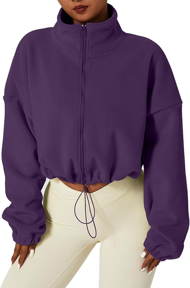 QINSEN Women's Full Zip Fleece Short Jacket Warm Winter Long Sleeve Stand Collar Sherpa Crop Coat | Amazon (US)