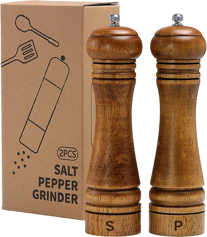 Wooden Salt and Pepper Grinder Set, Premium Oak Wood Salt Grinders Shakers, Pepper Mill with S an... | Amazon (US)