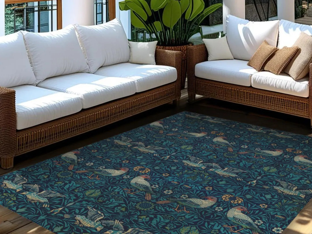 Outdoor Area Rug Vintage Botanical William Morris Blue Bird Floral Modern Farmhouse Doormats Laye... | Etsy (US)