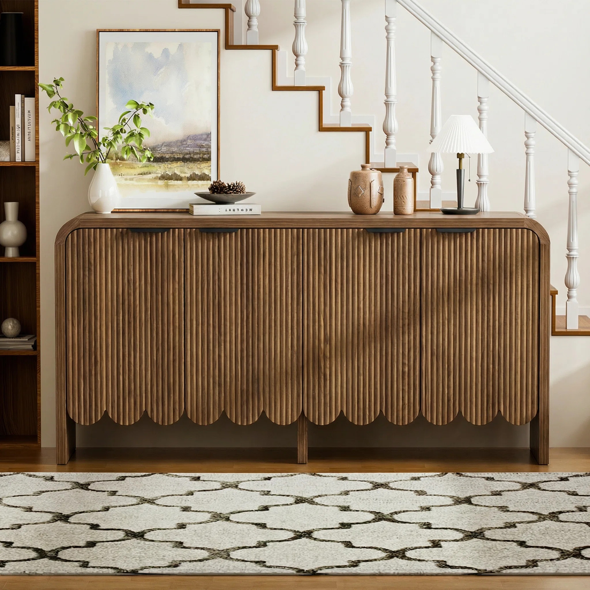 Mid-century Modern Fluted Sideboard With Scalloped Bottom, 4-door Accent Cabinet With Adjustable ... | Wayfair North America