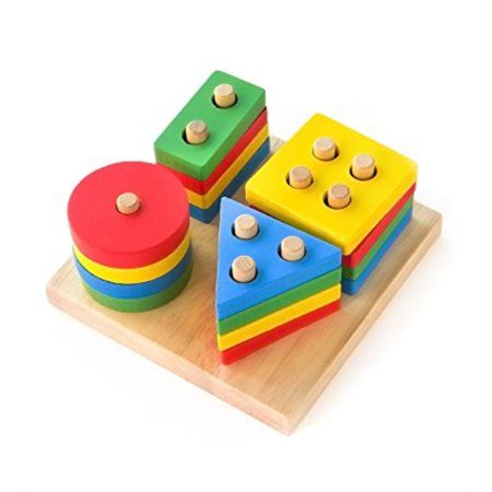 Boxiki kids Wooden Stacking Toys and Shape Sorting Board Geometric Shape Stacker Eco-Friendly and No | Walmart (US)