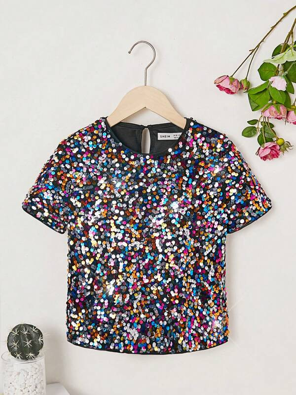SHEIN Kids Cooltwn Tween Girl Sequin Decor Keyhole Back Blouse for Christmas | SHEIN