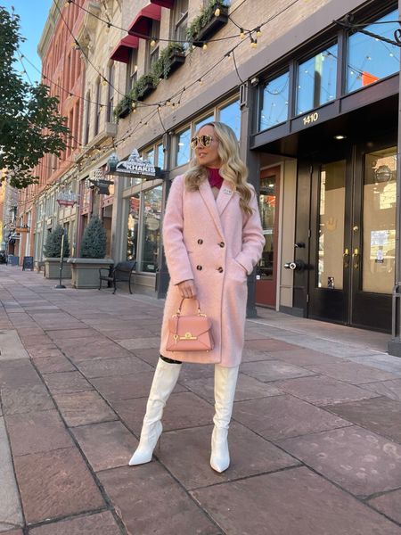 Full on pink outfit today: pink shrug knit set, long pink coat,
Zac Posen pink top handle bag, white knee high boots. This pink coat turned out to be warmer than it looked . It runs big so consider sizing down or belting it.

#LTKSeasonal #LTKFind #LTKstyletip