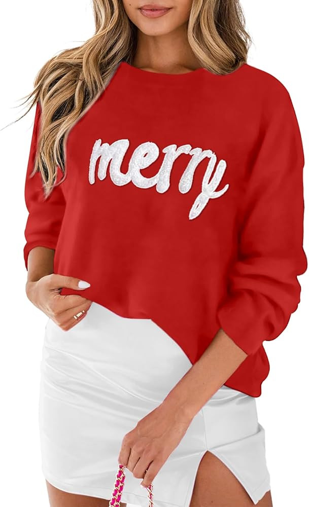 MARZXIN Women 2025 Casual Holiday Sweaters Long Sleeve Round Neck Valentine Sweater Tops Merry Ch... | Amazon (US)
