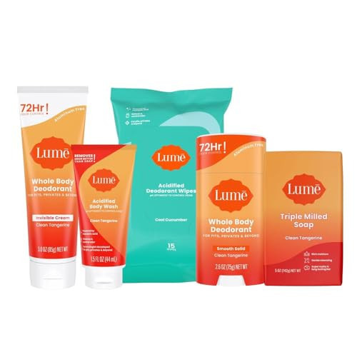 Lume Skin Care Gift Set for Women, Whole Body Deodorant Starter Pack -Smooth Solid Stick, Invisible Cream Tube, Acidified Body Wash Mini & Deodorant Wipes -Aluminum Free Odor Control (Clean Tangerine) | Amazon (US)