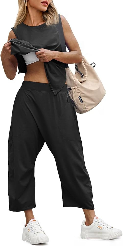 Fisoew Women's Summer 2 Piece Outfits Sleeveless Tank Tops and Wide Leg Pocketed Pants Workout Sw... | Amazon (US)