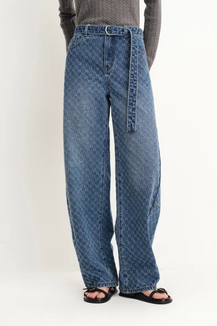 Skylar Belted Textured Gradient Jeans in Jacquard Cotton Denim | Fabrique