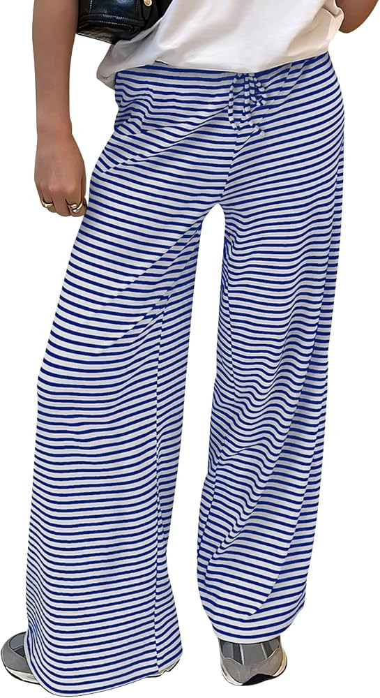 Trendy Queen Womens Striped Ribbed Wide Leg Pants Casual Drawstring Elastic Waist Baggy Sweatpant... | Amazon (US)