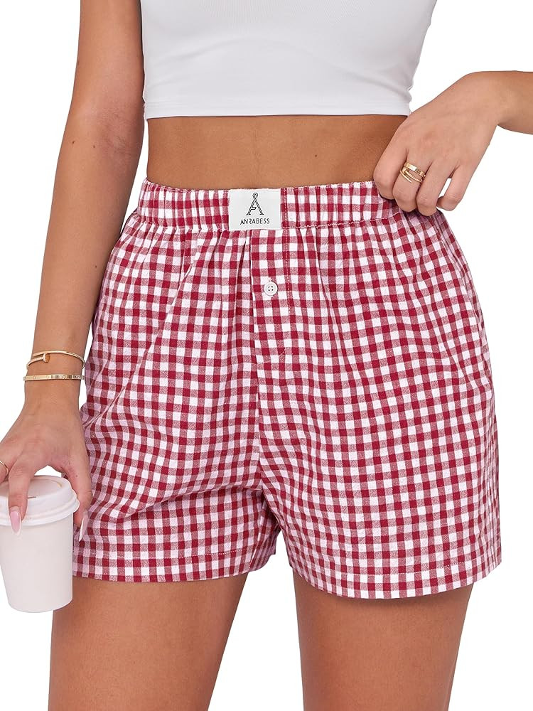 ANRABESS Boxer Shorts for Women Gingham Pajama 2025 Summer Casual Lounge Sleep Plaid Shorts Y2K B... | Amazon (US)