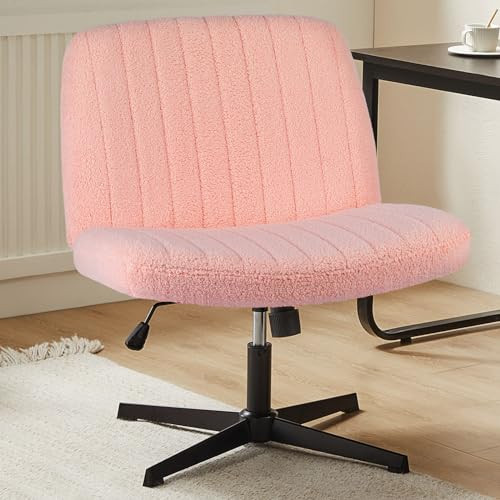 Sweetcrispy Criss Cross Chair Legged, Armless Office Wide Desk Chair No Wheels, Swivel Vanity Height Adjustable Fabric Modern Computer Task Seating for Home - Teddy Pink | Amazon (US)
