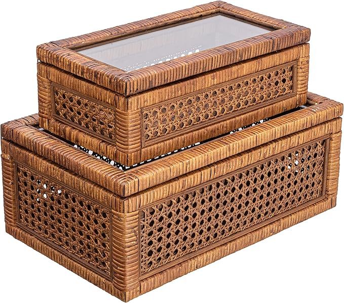 Creative Co-Op Modern Decorative Rectangle Woven Rattan and Wood Display Boxes with Glass Top, Se... | Amazon (US)