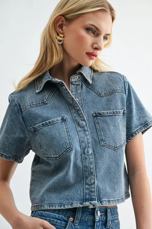 Jemina Denim Cropped Denim Shirt in Medium Wash at Nordstrom, Size Small | Nordstrom