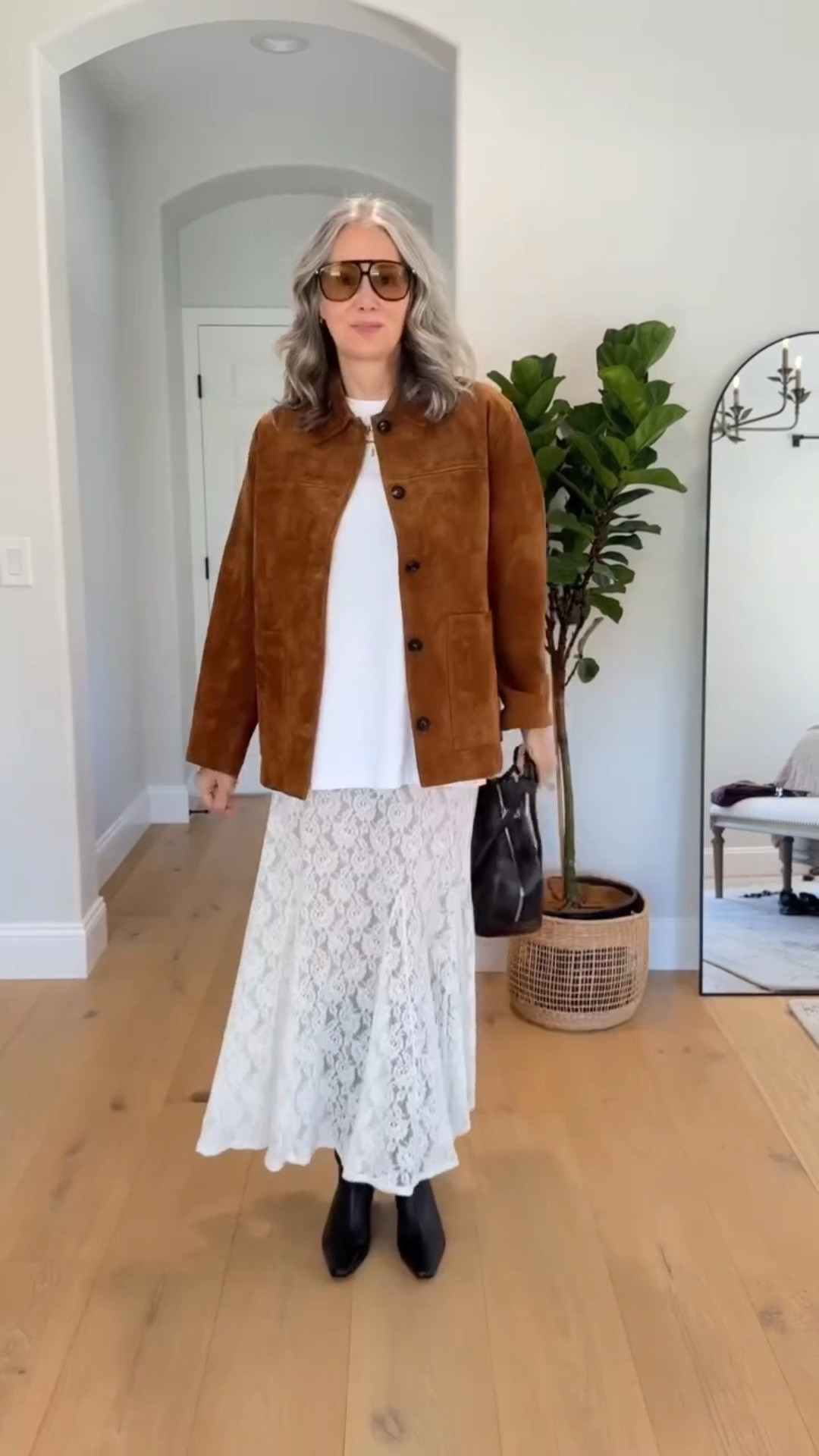 Pinterest helped my style my lace skirt for fall. #pinterestinspo #fallfashiontrends #laceskirt #autumnoutfitideas #suedejacket