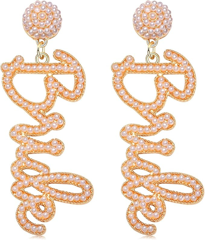 Bride Earrings Beaded Wedding Earrings for Women Delicate Letter Bride Dangle Drop Earrings Bride... | Amazon (US)