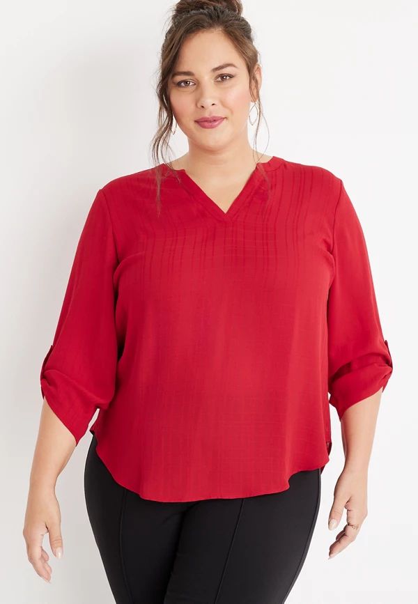 Plus Size Atwood Windowpane 3/4 Sleeve Popover Blouse | Maurices