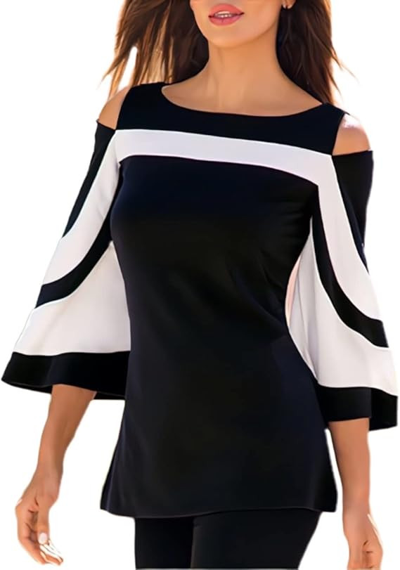Women Blouses and Tops Black White Colorblock Bell Sleeve Cold Shoulder Top Shirt | Amazon (US)