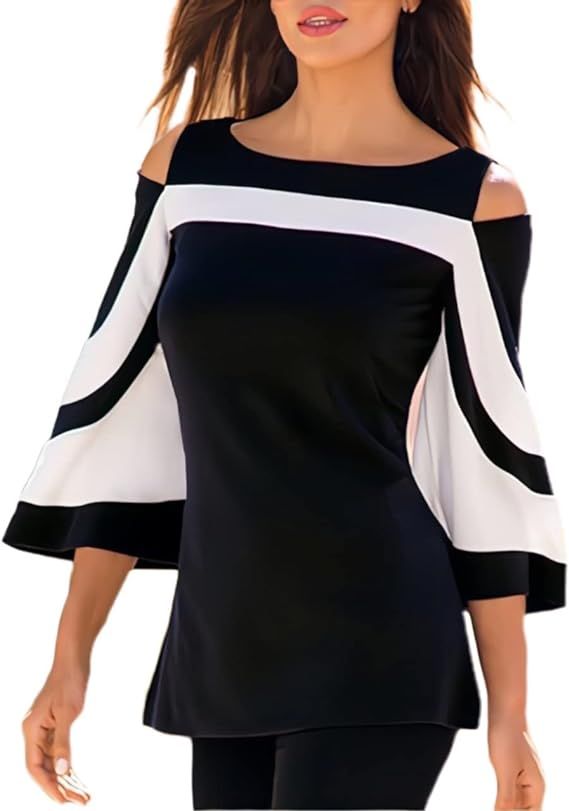 Women Blouses and Tops Black White Colorblock Bell Sleeve Cold Shoulder Top Shirt | Amazon (US)