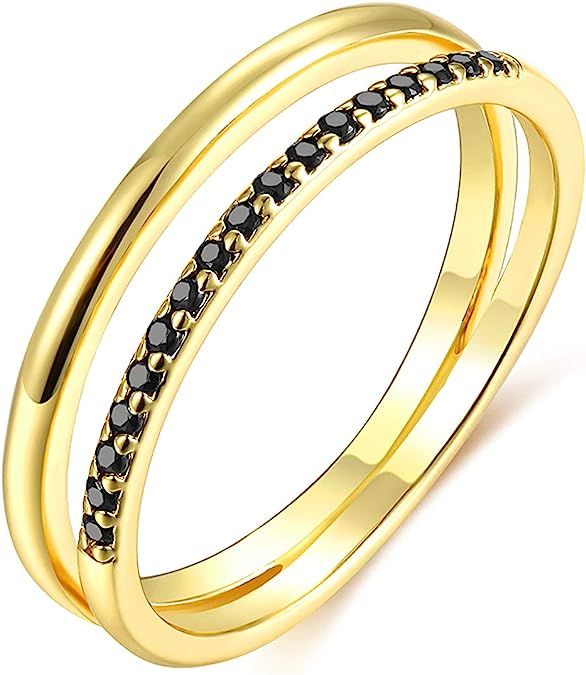 Valloey 14K Gold Filled Thin Beaded Full Bead Sterling Twisted Rope Black CZ Wedding Band Stackin... | Amazon (US)