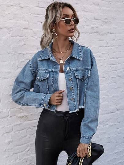 Decorative Pocket Drop Shoulder Raw Hem Denim Jacket | SHEIN